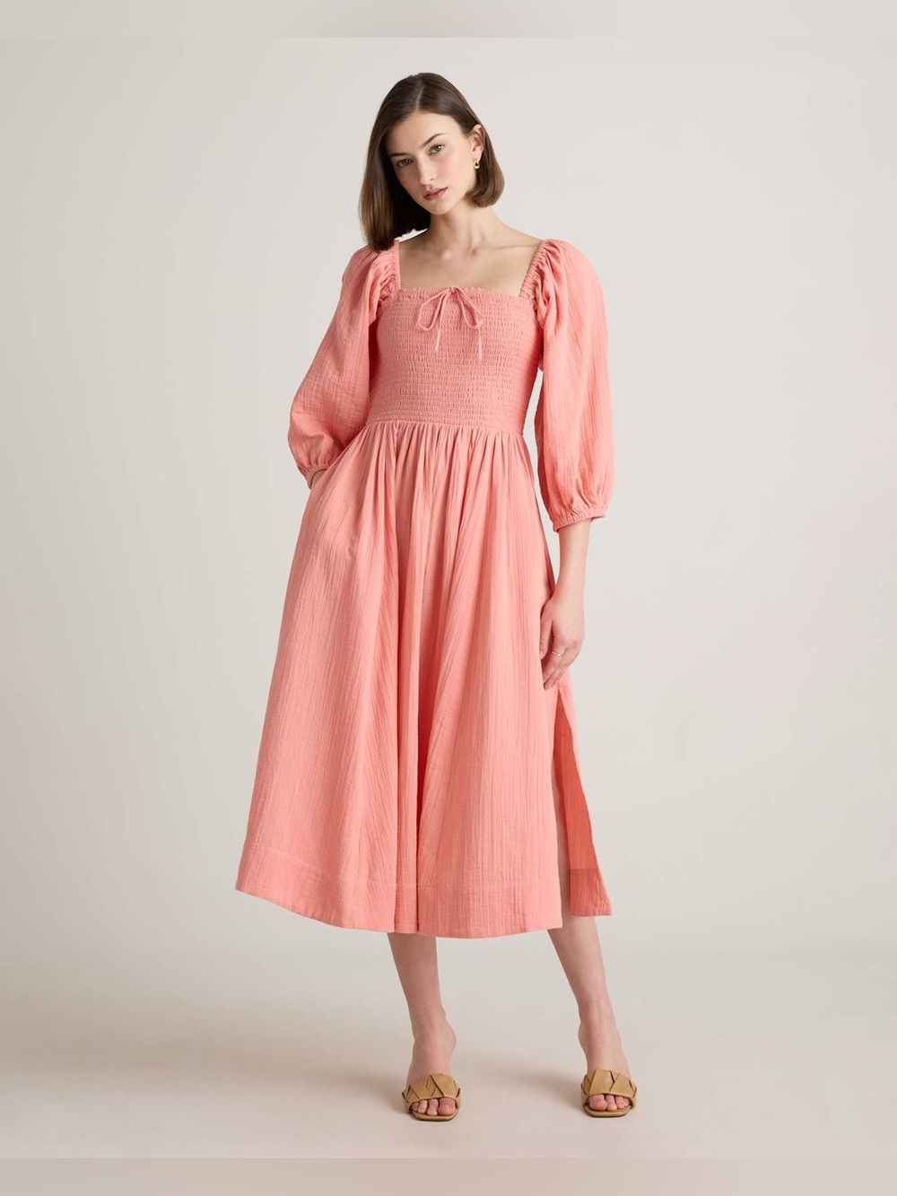 Quince Organic Cotton Gauze Smocked Square Neck Dress